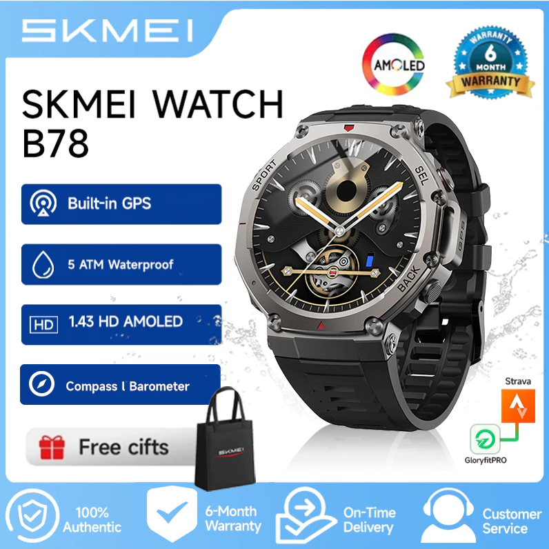 SKMEI B78 GPS Smart watch 5 ATM Waterproof/Built-in GPS/1.43AMOLED Screen 170+ Sports Modes Compass and Barometer smart watch gps tracker Bluetooth Call strap smart watch - foto 1