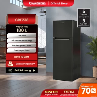 Changhong Kulkas 2 Pintu  (Refrigerator) Lemari Es Kapasitas 180 Liter CRF238 – Black (Semi Auto No Frost) (Kapasitas Besar) (Tempered Glass) (Kombinasi Pendinginan-Pembeku) (Engsel Pintu Fleksibel) (Interior Kulkas Dengan Food Grade) (Pembekuan Sempurna)