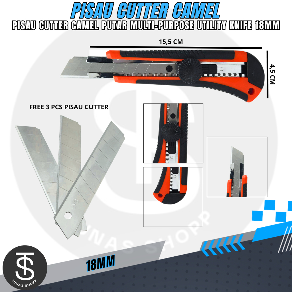 Jual CAMEL Pisau Cutter Putar Multi-Purpose Utility Knife 18mm Free ...