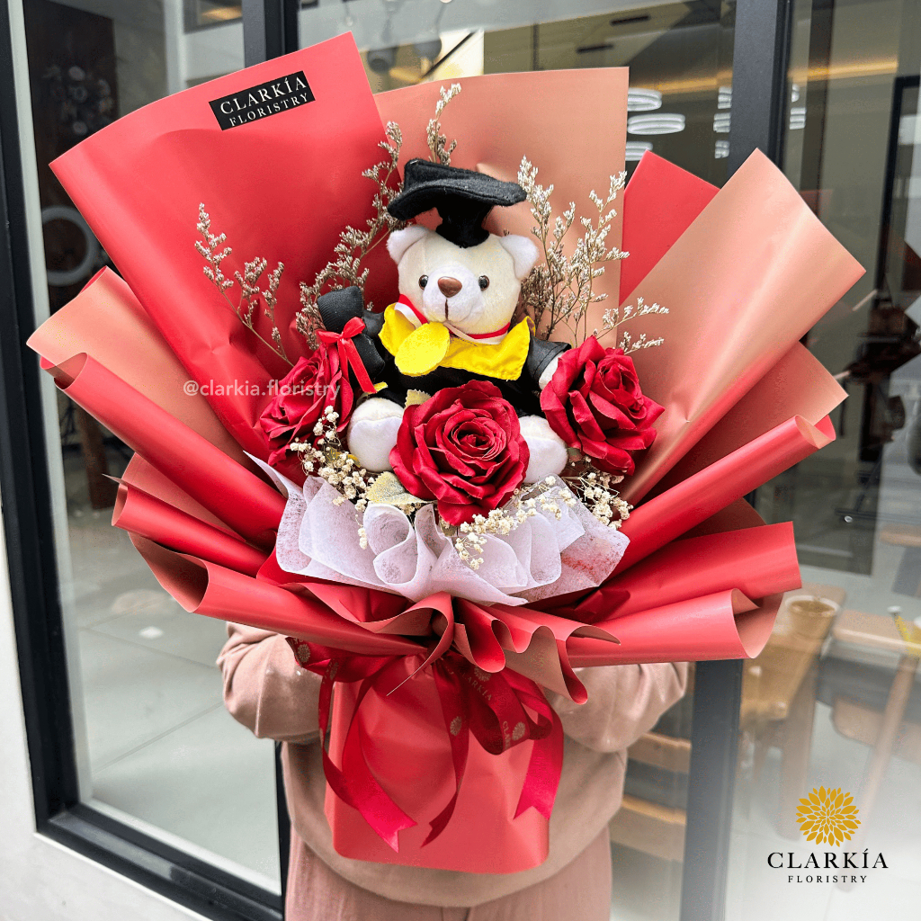 Jual Artificial 3 Rose Graduation Bouquet Clarkia | Buket Bunga Mawar ...