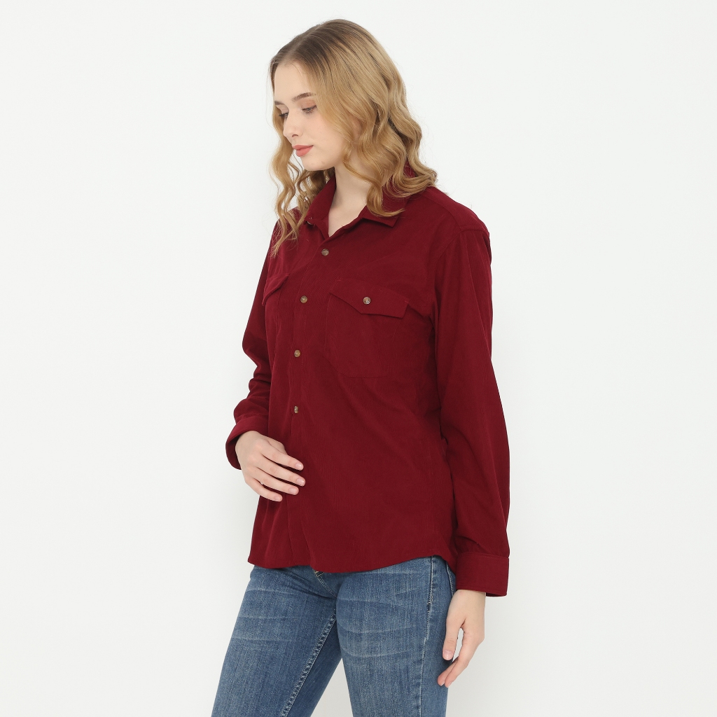 Jual Dancus Kemeja Wanita Kodorai Lengan Panjang Kantong Dua Maroon ...