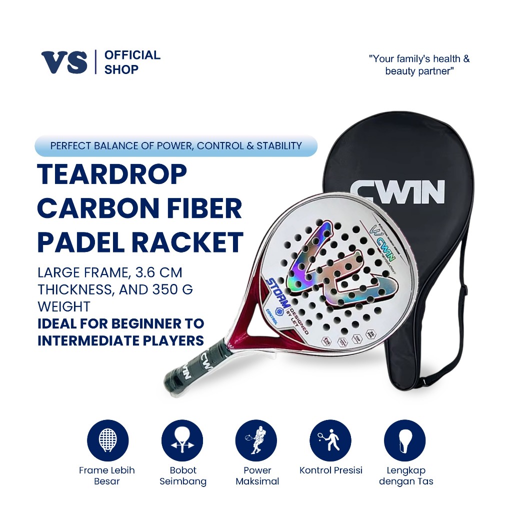 Jual Raket Padel CWIN Teardrop Carbon Fiber 350g – Raket Tenis Padel ...