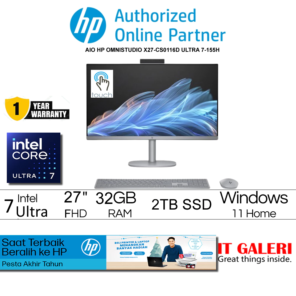 HP AIO OmniStudio X27-CS0116D - Intel Ultra 7-155H/2X16GB/2TB/TS 27.0 FHD/WIN11+OHS2021+M365/SILVER/B00VRPA