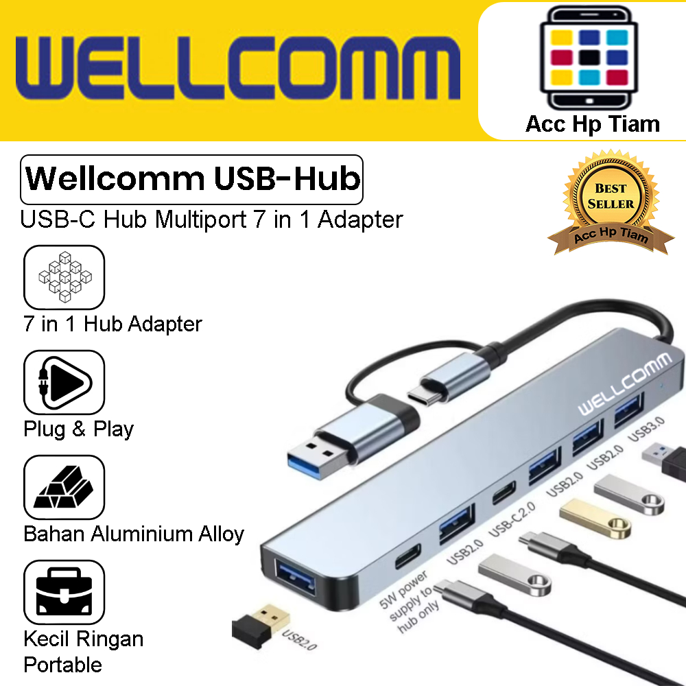 Jual USB Hub Wellcomm Adapter 7 in 1 Dual Mode Input USB-A + USB-C Plug ...