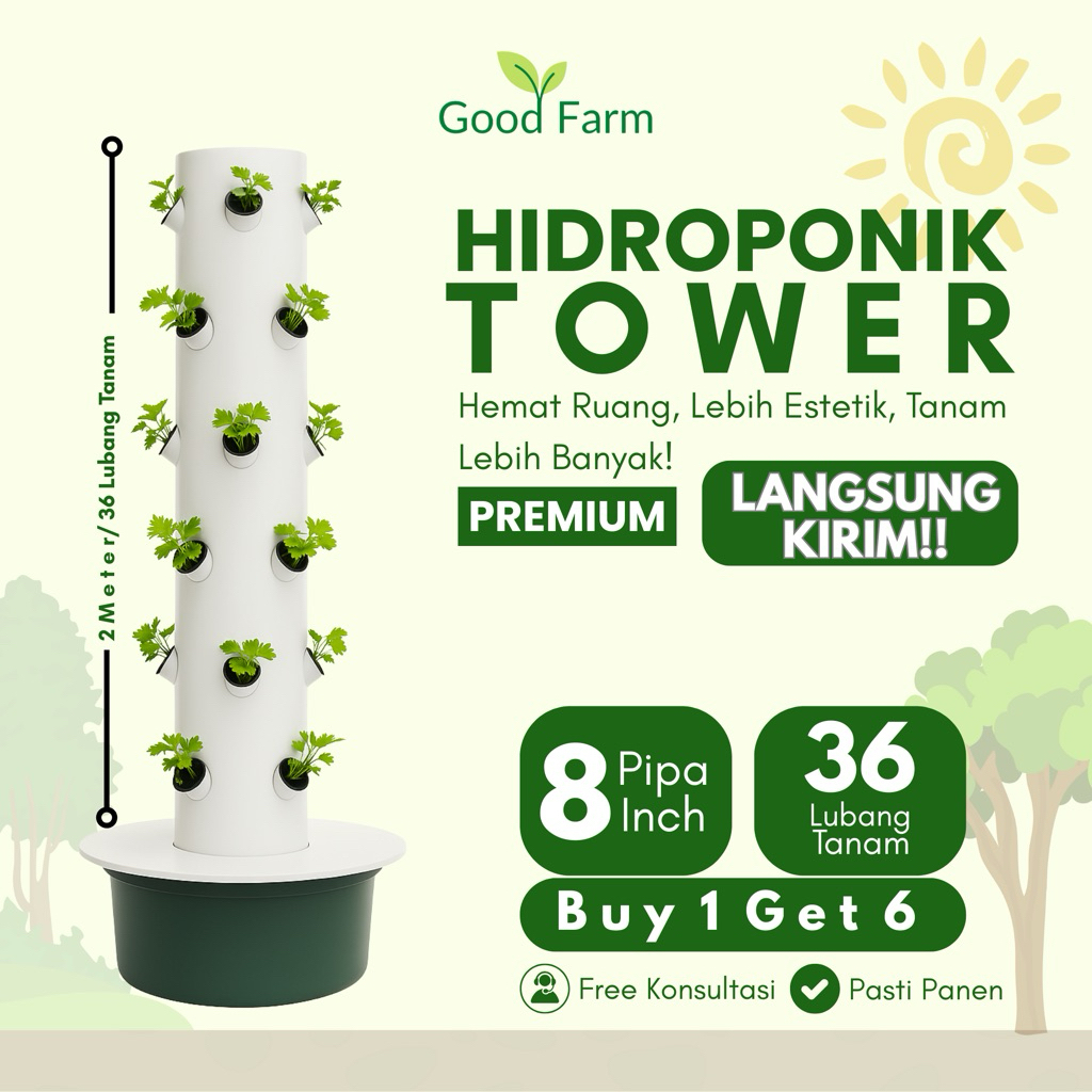 GoodFarm - Paket Hidroponik Tower 8 Inch Vertikal 36 Lubang 2 Meter Hemat Lahan Garansi Panen