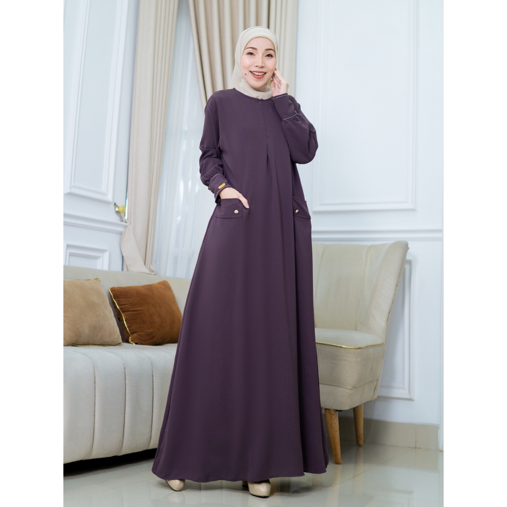 Masayu Dress Abaya Bahan Anti UV Premium Busui Friendly Zipper Tangan Combi Benang Timbul Mewah