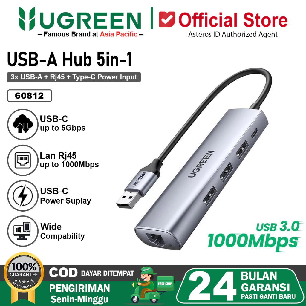 UGREEN Hub USB 3.0 4 Port With Lan RJ45 Gigabit Ethernet Adapter 60812