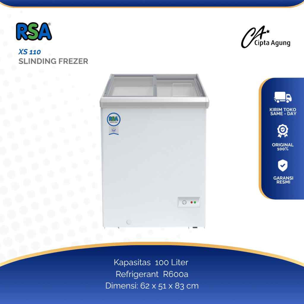 Jual RSA CHEST FREEZER SLIDING FLAT GLASS 100 171 288 LITER RSA XS 110 ...