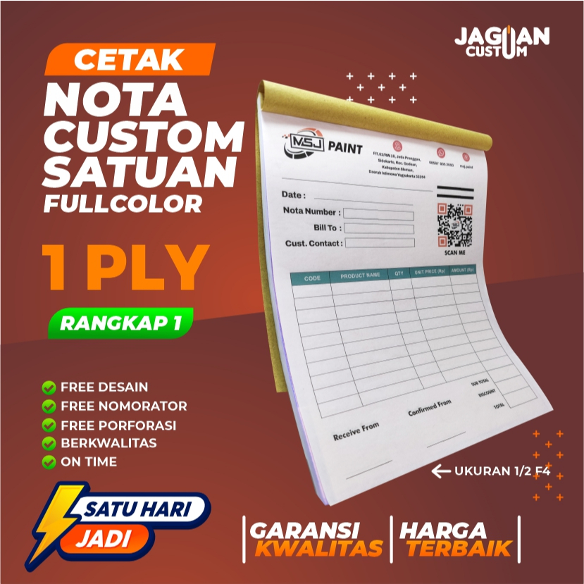 Jual Cetak Nota Custom Satuan Full Color 1 Ply 1 Rangkap Kertas HVS ...