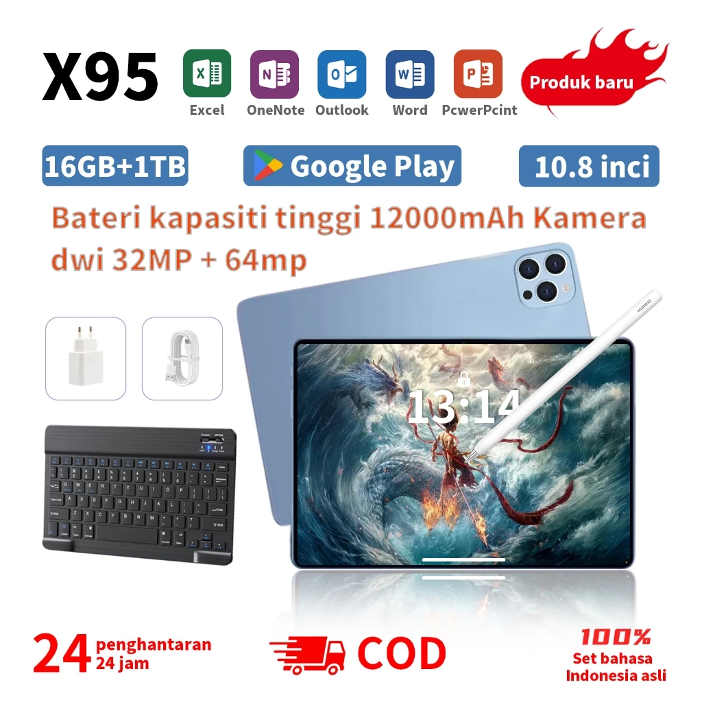 X95 Pro Tablet 10.8 inch 16GB RAM 1TB ROM dengan kamera 10MP dan baterai 12000mAh