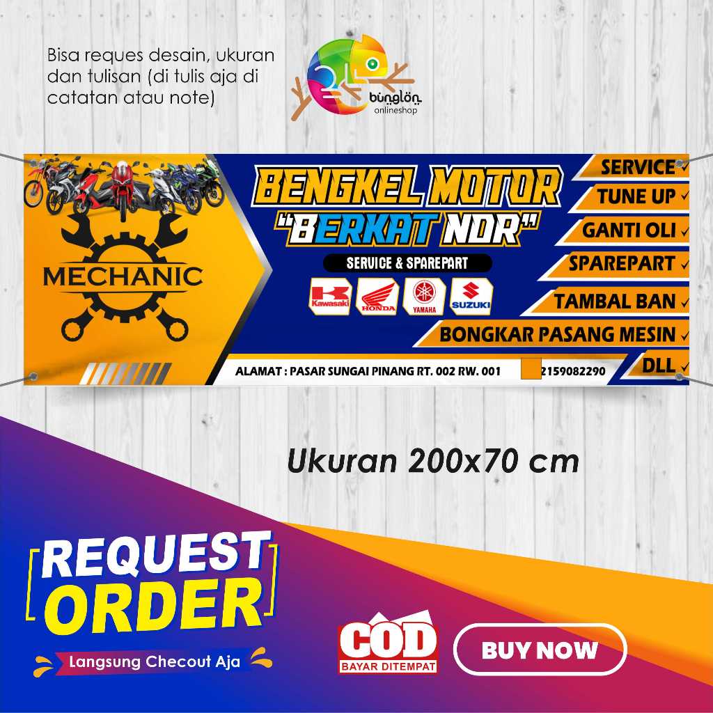 Jual CETAK BANNER 250X70 CM BENGKEL MOTOR RACING ORANGE BIRU KEREN ...
