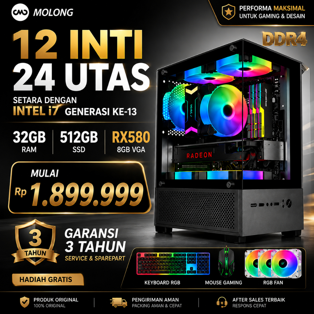 MOLONG intel 12core/32G ram PC Gaming full set  Desain Perakitan Desktop Rumah Komputer Kantor