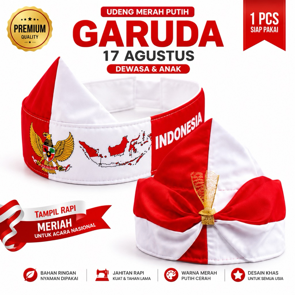 Udeng Merah Putih Garuda Premium | Ikat Kepala Indonesia 17 Agustus Dewasa & Anak | Aksesoris Karnaval HUT RI