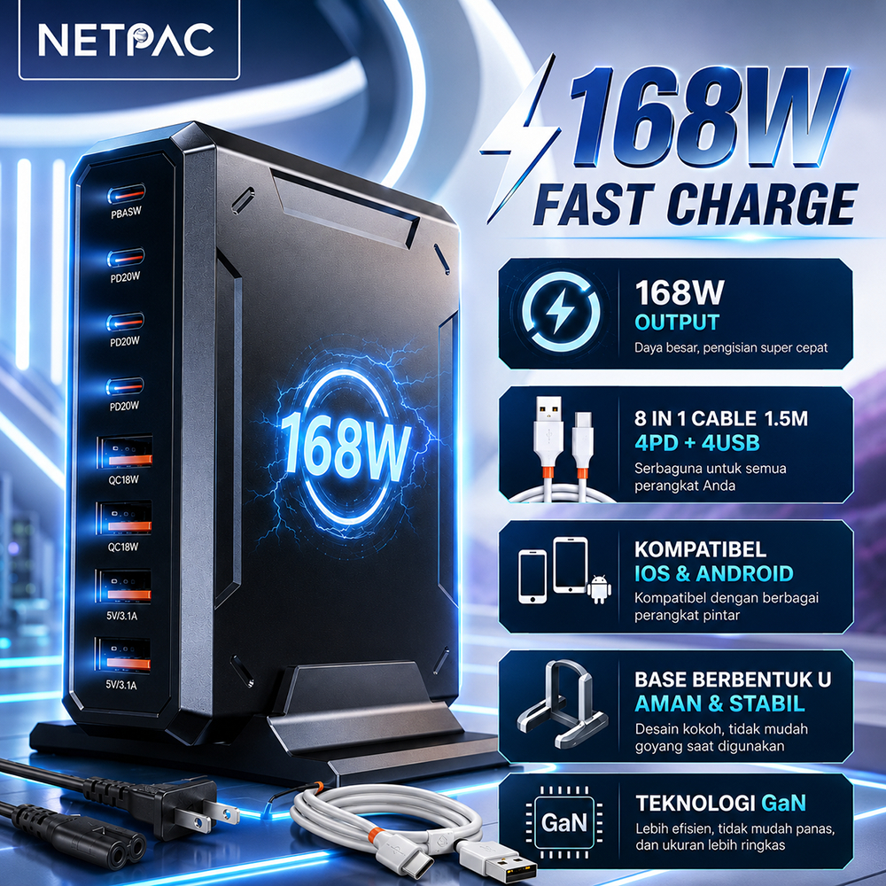 Jual NETPAC AE20 Adaptor Charger 168W Super Fast Charging 8 Port ...