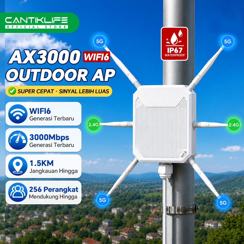 Cantiklife Router WiFi 6 Outdoor AX3000 3000Mbps Dual Band 2.4G 5GHz Access Point PoE IP67 6 Antena High Gain Jangkauan 1.5KM