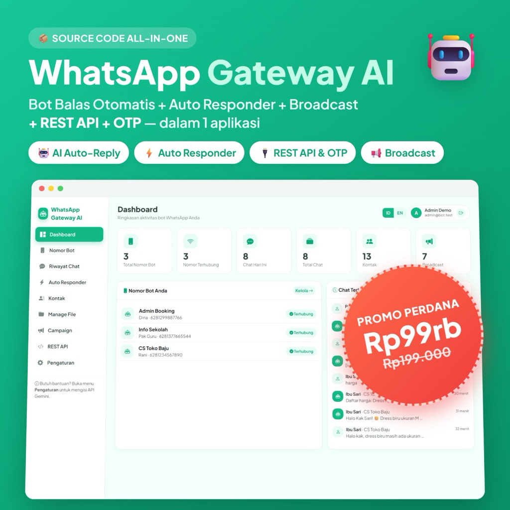 WhatsApp Gateway AI — Bot Auto Reply Chatbot Gemini, Broadcast, REST API, OTP, Multi Device | Source Code Laravel Siap Pakai