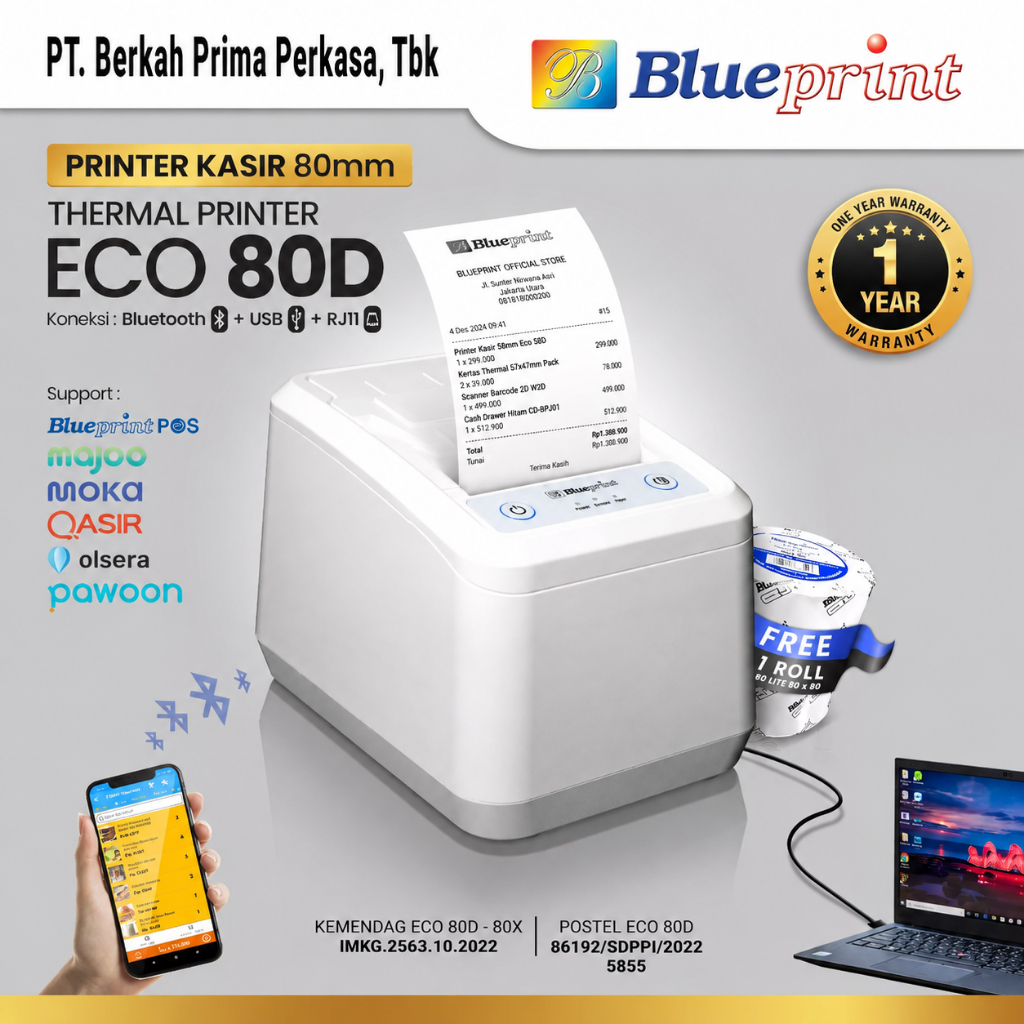Jual Printer Thermal Dekstop 80 mm BLUEPRINT ECO80D USB + Bluetooth ...