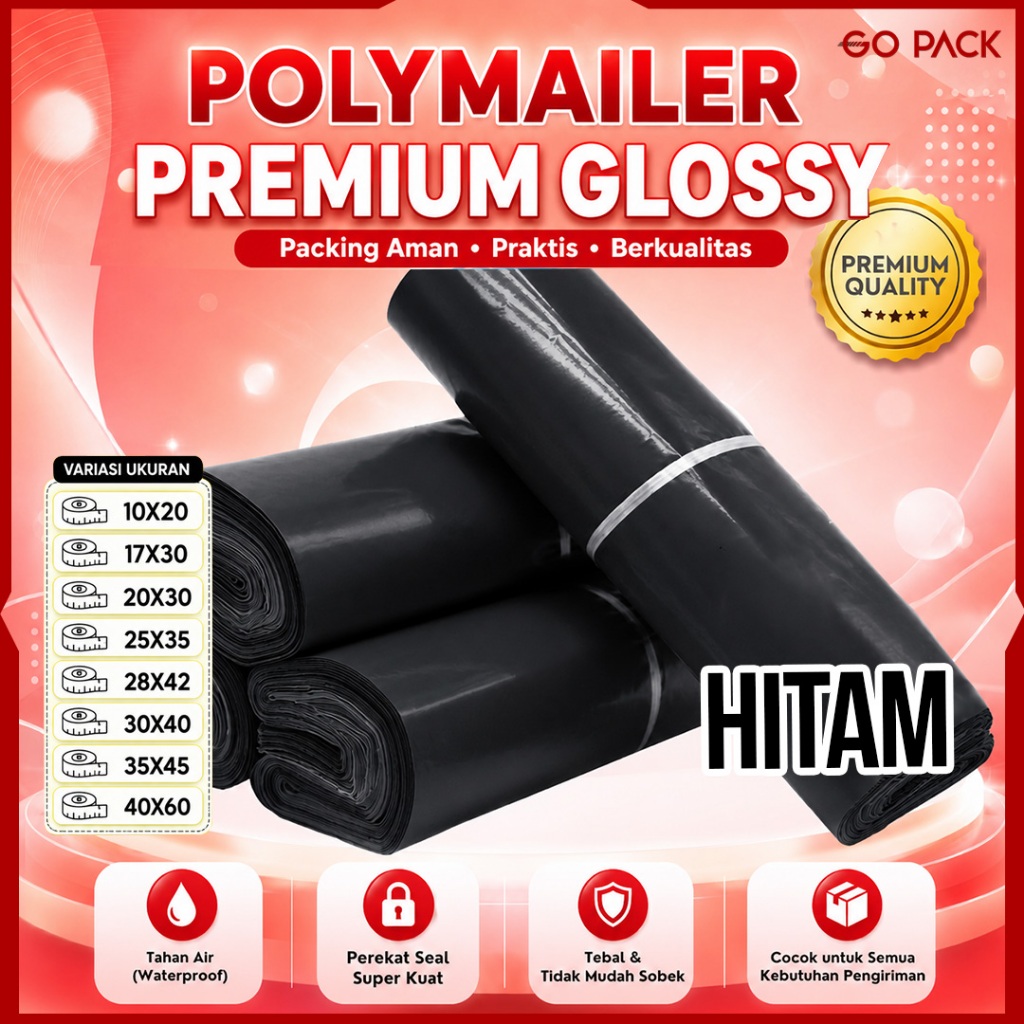 PLASTIK POLYMAILER 10x20 HITAM NEW BLACK E PREMIUM TEBAL Kantong Amplop Packing Olshop Warna Perekat Custom