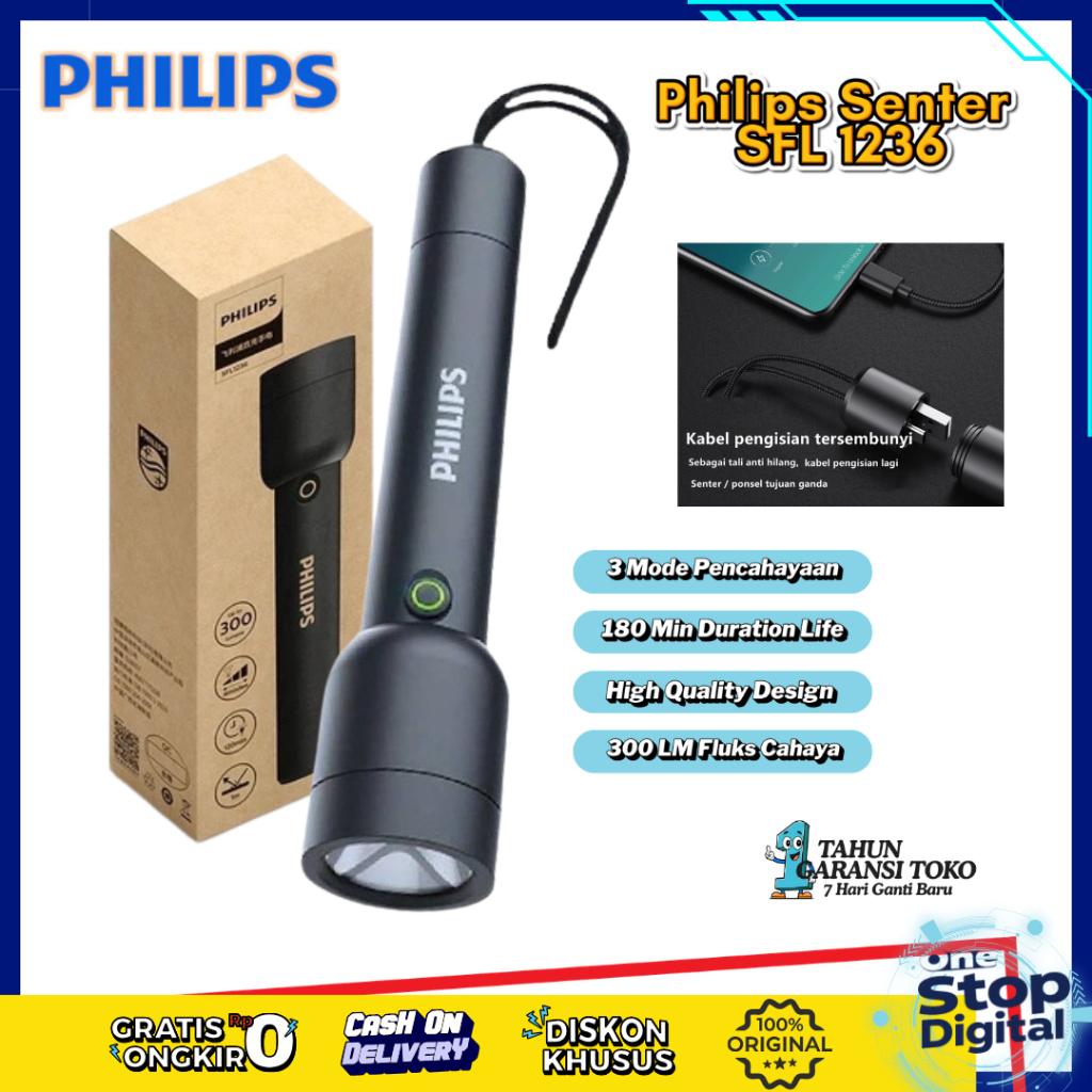 Jual Philips SFL1236 Senter LED Rechargeable 300LM – Senter Tahan Lama ...