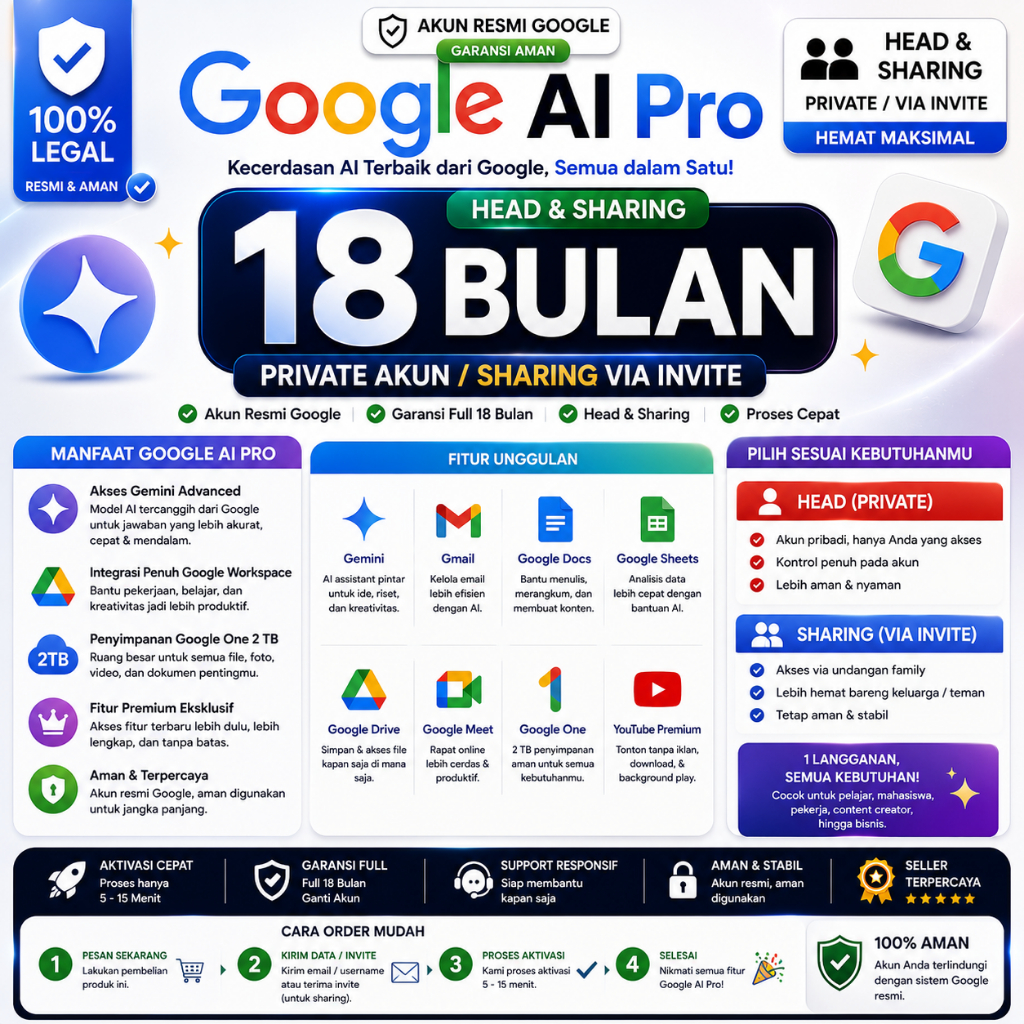GEMINI AI PRO 18 BULAN + 5 TB GDRIVE | HEAD / INVITE | TERMURAH!!!