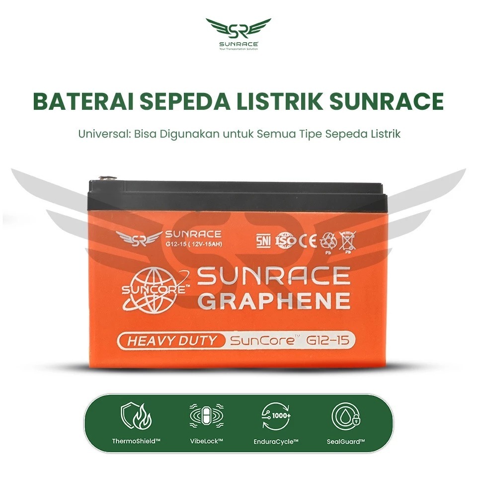 Baterai / Aki Premium SunRace Graphene 12V 15Ah Original – Performa Stabil & Ketahanan Maksimal untuk Sepeda Listrik