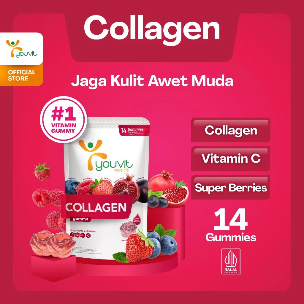 Youvit Collagen Gummy kemasan pouch isi 14 gummy dengan kolagen 1000mg dan vitamin C