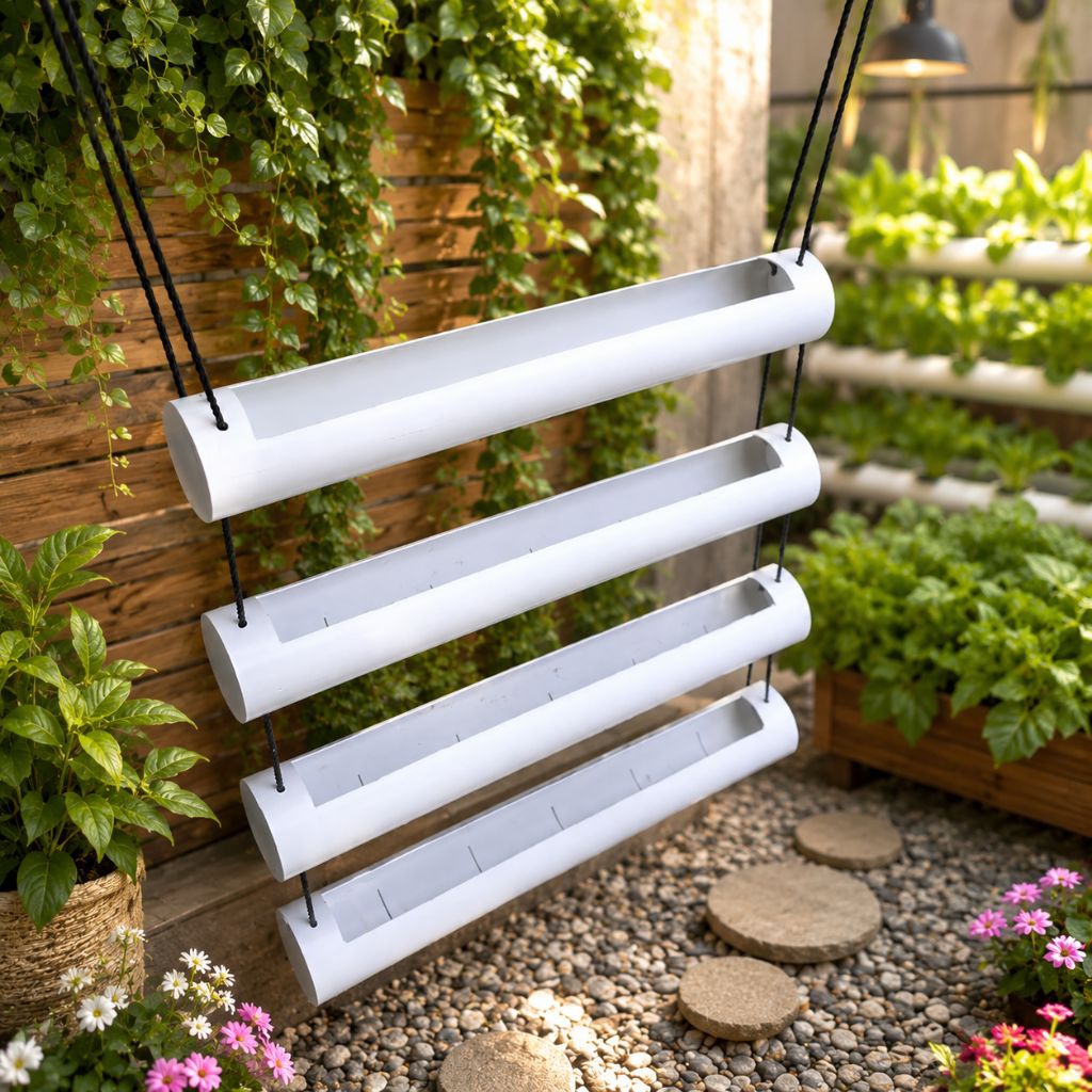 Pot Gantung PVC 4 Susun 90cm | Rak Tanaman Gantung Minimalis | Pot Paralon Horizontal 90 cm | Pot Tanam Sayur Hidroponik & Tanaman Hias | Vertical Garden Balkon Teras Rumah | Kuat Tahan Lama Estetik