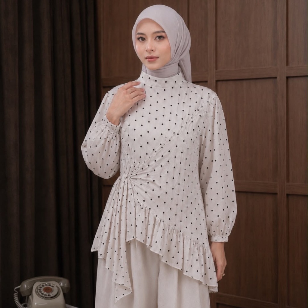 Zaleeya - Nafisa Blouse Atasan Wanita Polkadot Asimetris Ruffle Rayon Premium Adem  Lengan Panjang Elegan Kekinian