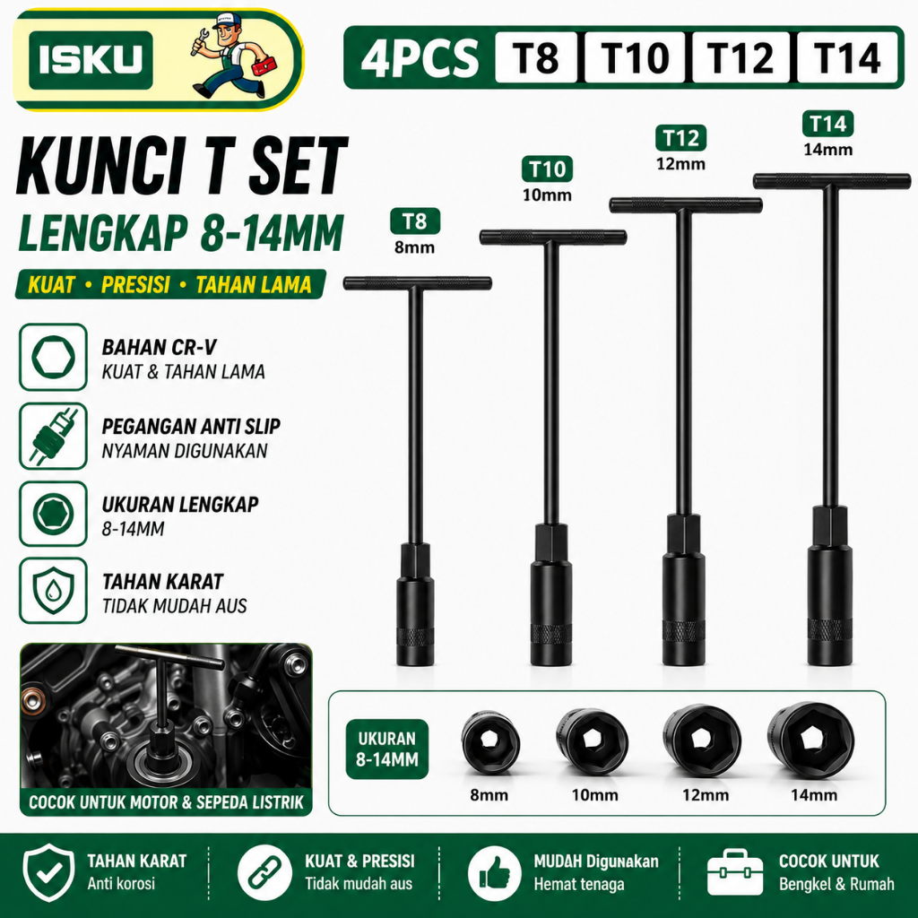 ISKU Kunci Sok T Set 4pcs 8-14 mm Lengkap Kunci T Cocok Untuk Motor Dan Sepeda Listrik Bahan Cr-V