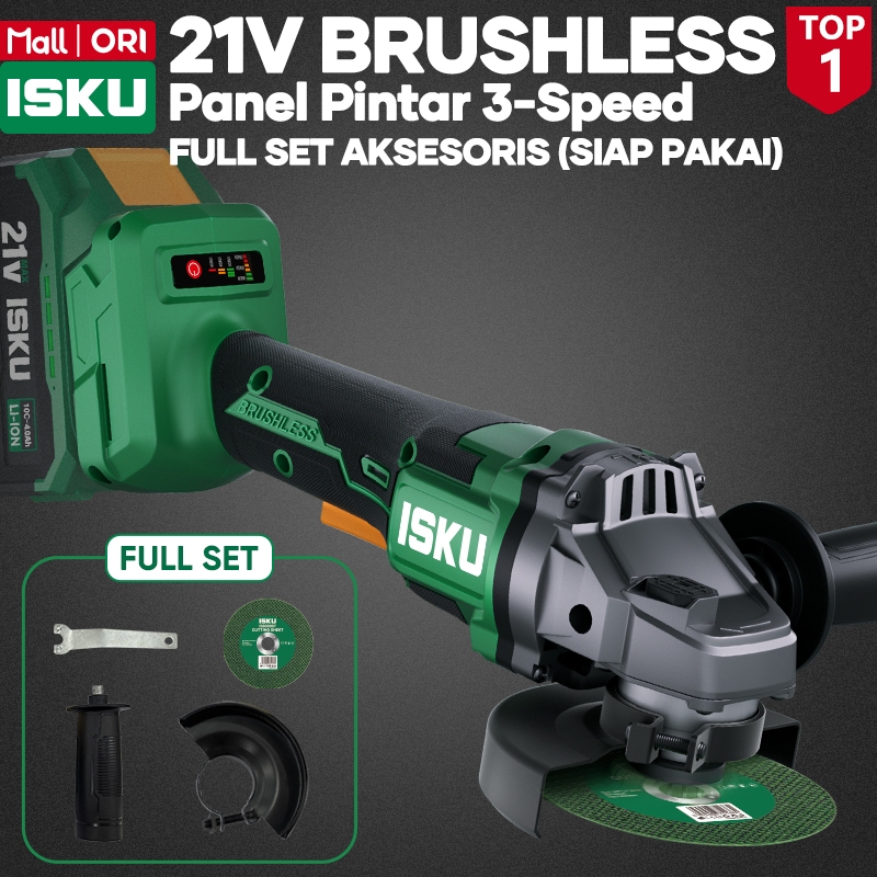 ISKU Mesin Gerinda Tangan Baterai 21V Cordless Angle Grinder Brushless 4 Inch 100mm Gurinda Potong Besi Baja Poles Keramik Anti Panas Tanpa Kabel 3 Speed Alat Bengkel Proyek Heavy Duty
