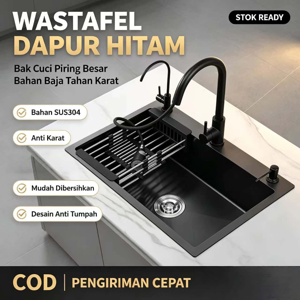 Set Sink Dapur Hitam Fullset SUS304 Wastafel Dapur Anti Karat Free Aksesori Lengkap COD Ready Stock