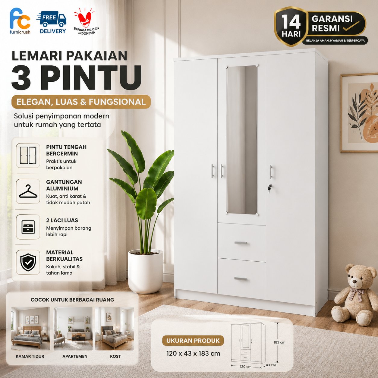 Jual Furnicrush Lemari Pakaian 3 Pintu / Lemari Baju / Almari Baju ...