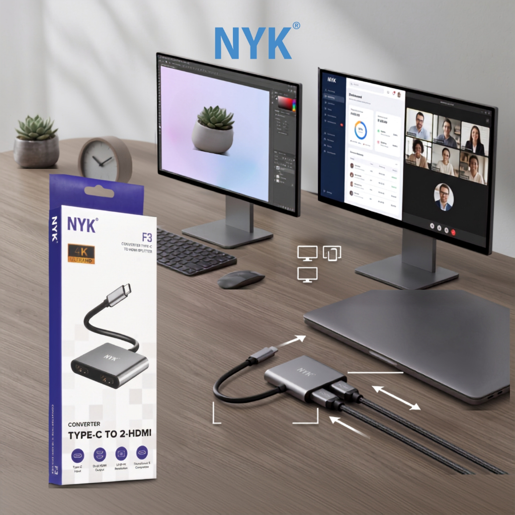 NYK Converter 2 HDMI in 1 USB 3.0 Type C to HDMI 4K 60hz 30hz HUB Dual Port HDMI F3 COD HUB bergaransi Docking Station Data transfer Mobile phone macb (5)