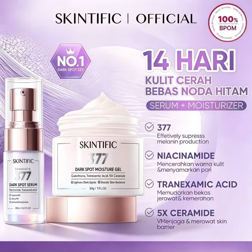 SKINTIFIC 377 Dark Spot Set | Moisturizer 30g + Serum 20ml 14 Hari Menyamarkan Noda Hitam Kulit Kusam Bekas Jerawat PIH&PIE mencerahkan kulit PDRN Glass Skin Retinol Acne Spot Brightening Glowing Moist Whitening Tranexamic Acid Moisture
