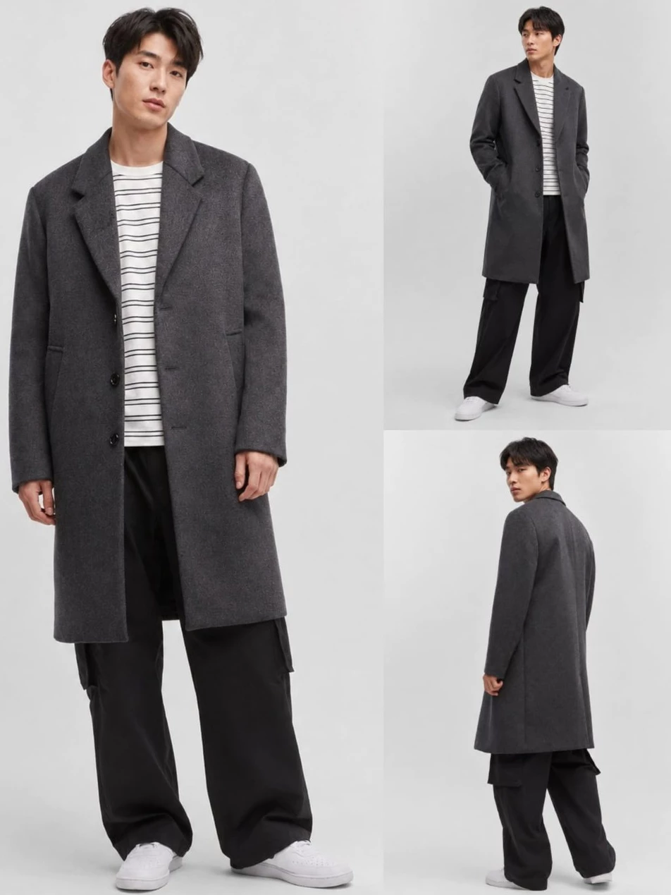 Jaket Panjang Long Coat Pria MO Men's Regular-Fit Single-Breasted Topcoat - 3004