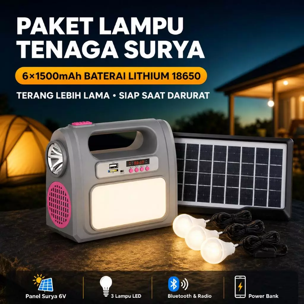 Perangkat AOKI AK-1107RL Solar Power System portabel lengkap dengan panel surya dan tiga bohlam LED