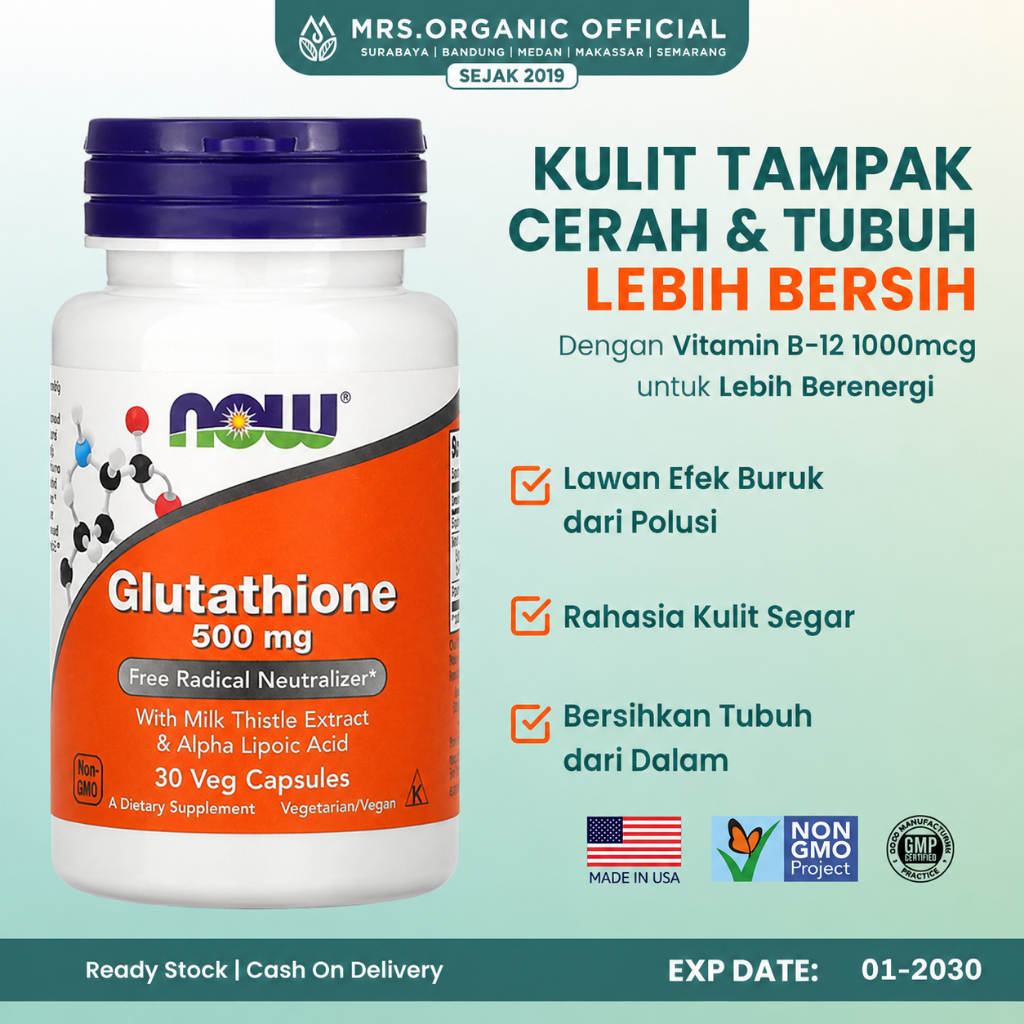 Jual Suplemen Vitamin Now Foods Glutathione 500 mg 30 Veg Capsule - Antioksidan Kulit Cerah