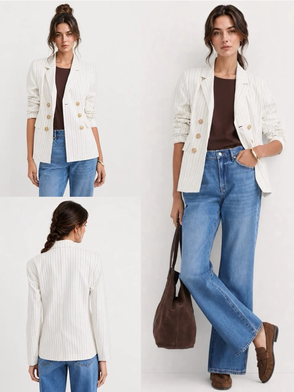 Blazer Wanita LF Pinstripe Cotton Linen Double Breasted Blazer - 3056
