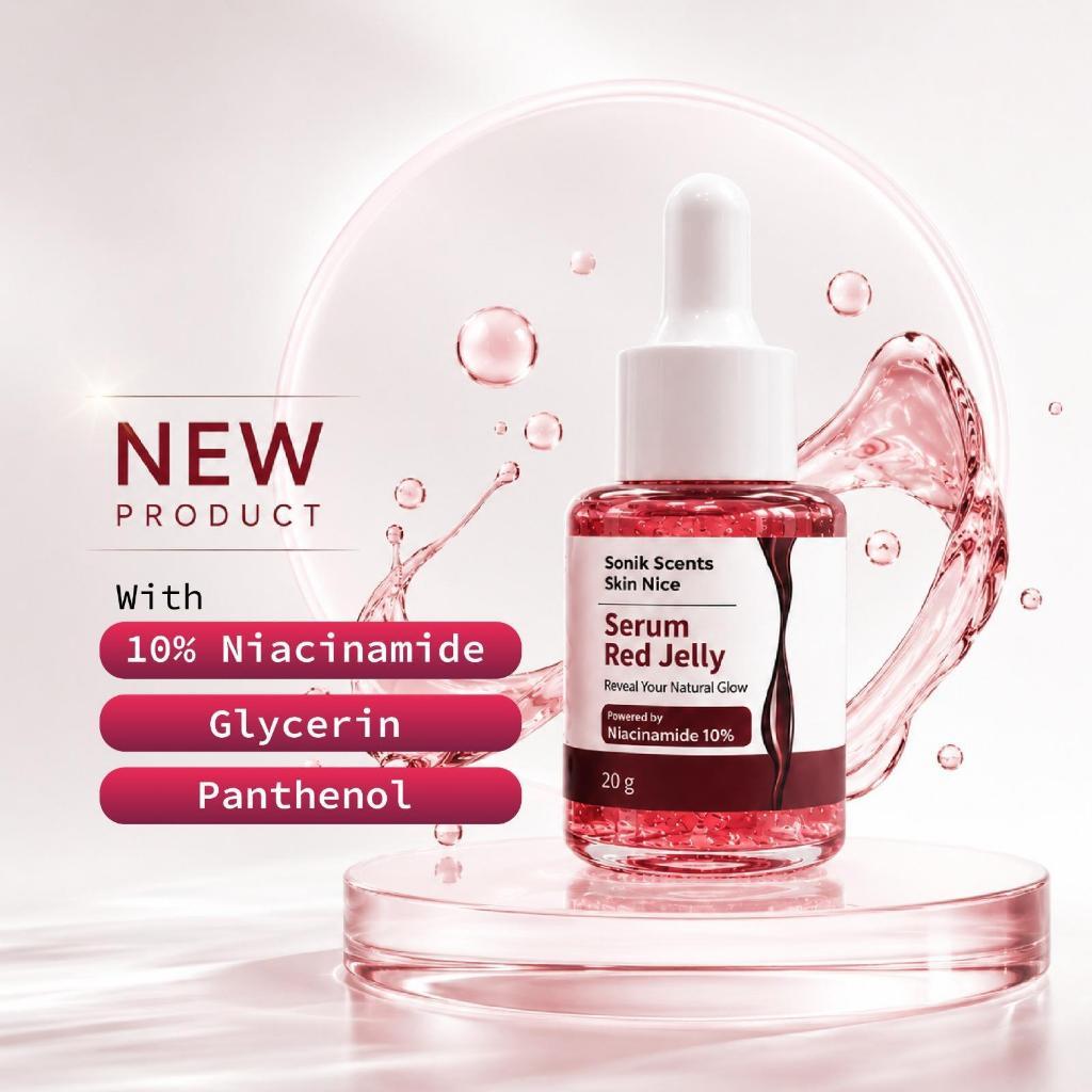 Sonik Scents Skin Nice Serum Red Jelly Reveal Your Natural Glow Niacinamide 10% Panthenol 2%. Cocok untuk Kulit wajah yang kusam, memiliki bekas jerawat, atau kulit berminyak dan kulit kombinasi