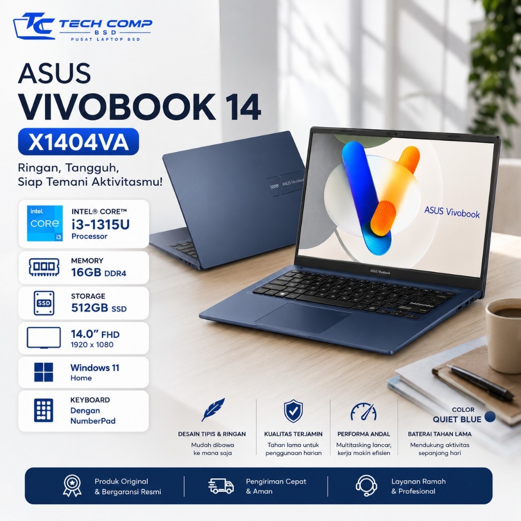 Laptop Asus Vivobook 14 X1404VA Intel i3 Ram 16GB SSD 512GB 14" FHD NumberPad W11 Blue