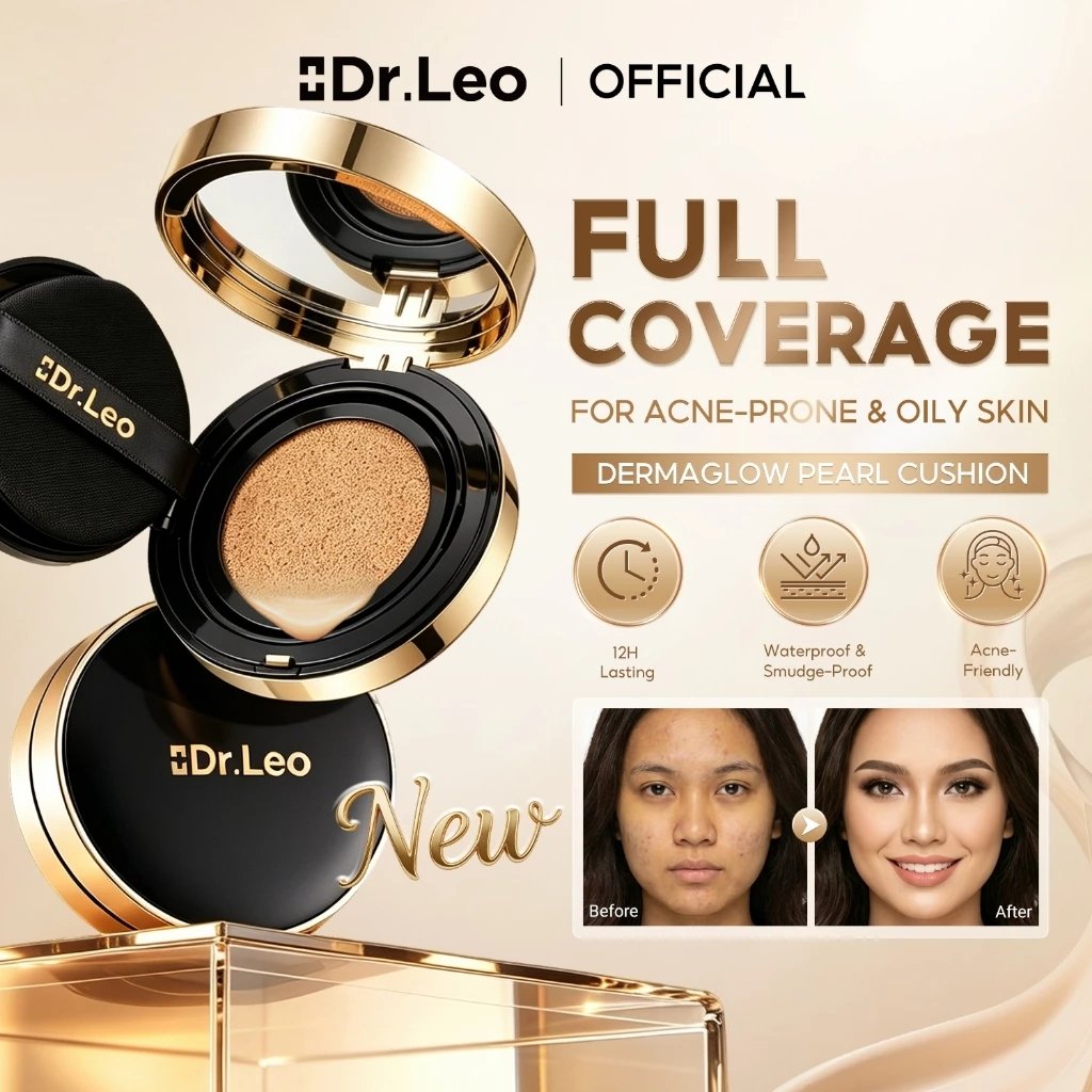 Dr.Leo DermaGlow Pearl Cushion Foundation Oil-Control Waterproof Acne Skincare Cocok untuk Kulit Berminyak Berjerawat Full Coverage Flawless Matte 12H Tahan Lama Kontrol Minyak Smudgeproof BB Cream Makeup for Oily Acne-Prone Skin Bedak Padat