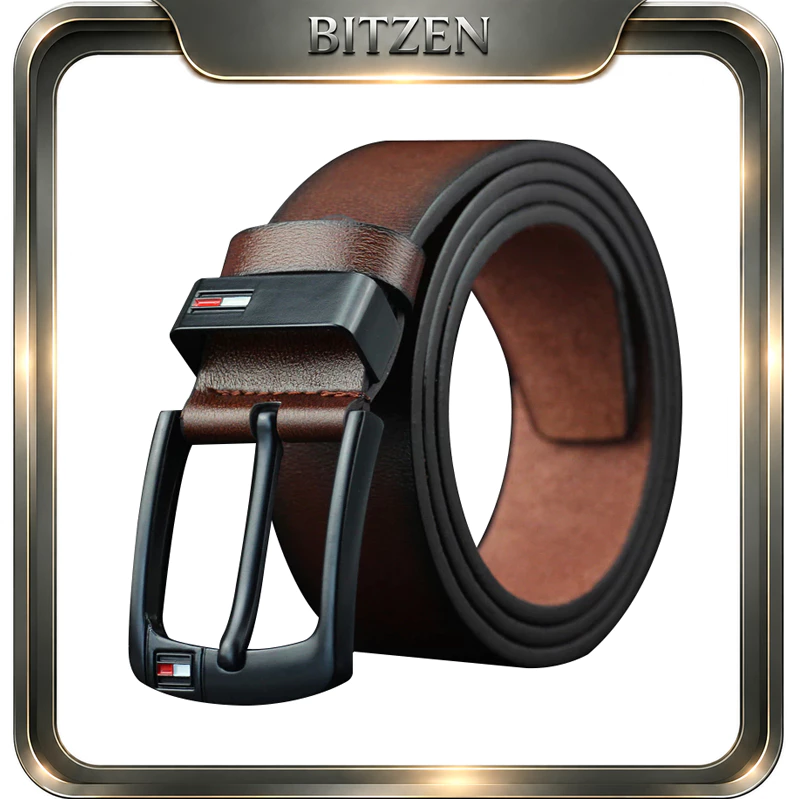 Sabuk kulit pria Bitzen warna hitam dan kopi dengan kepala buckle gesper Liu elegan