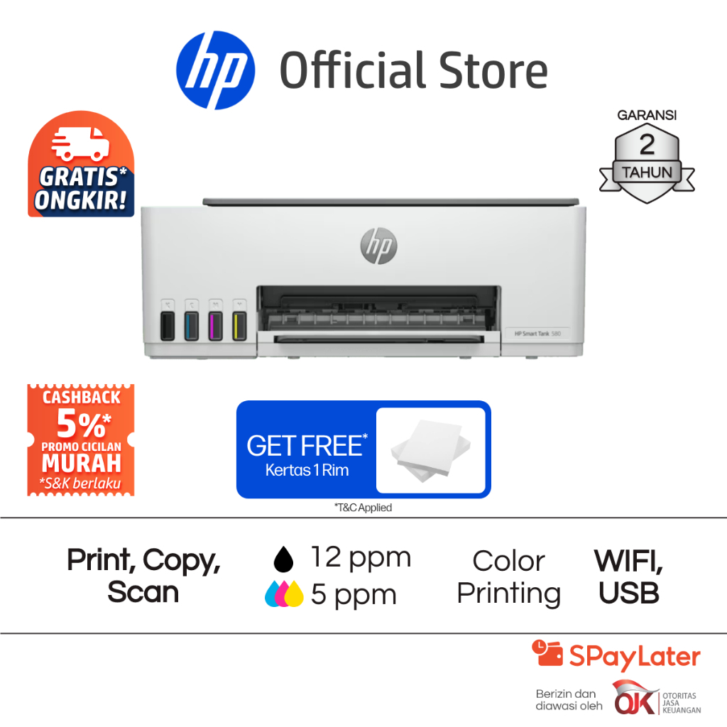 Printer HP Smart Ink Tank 520 / 583 / 580 / 585 All in One Print Scan Copy Wifi USB Fotocopy Color Colour Warna Garansi Hingga 3 Tahun Promo Murah Gra