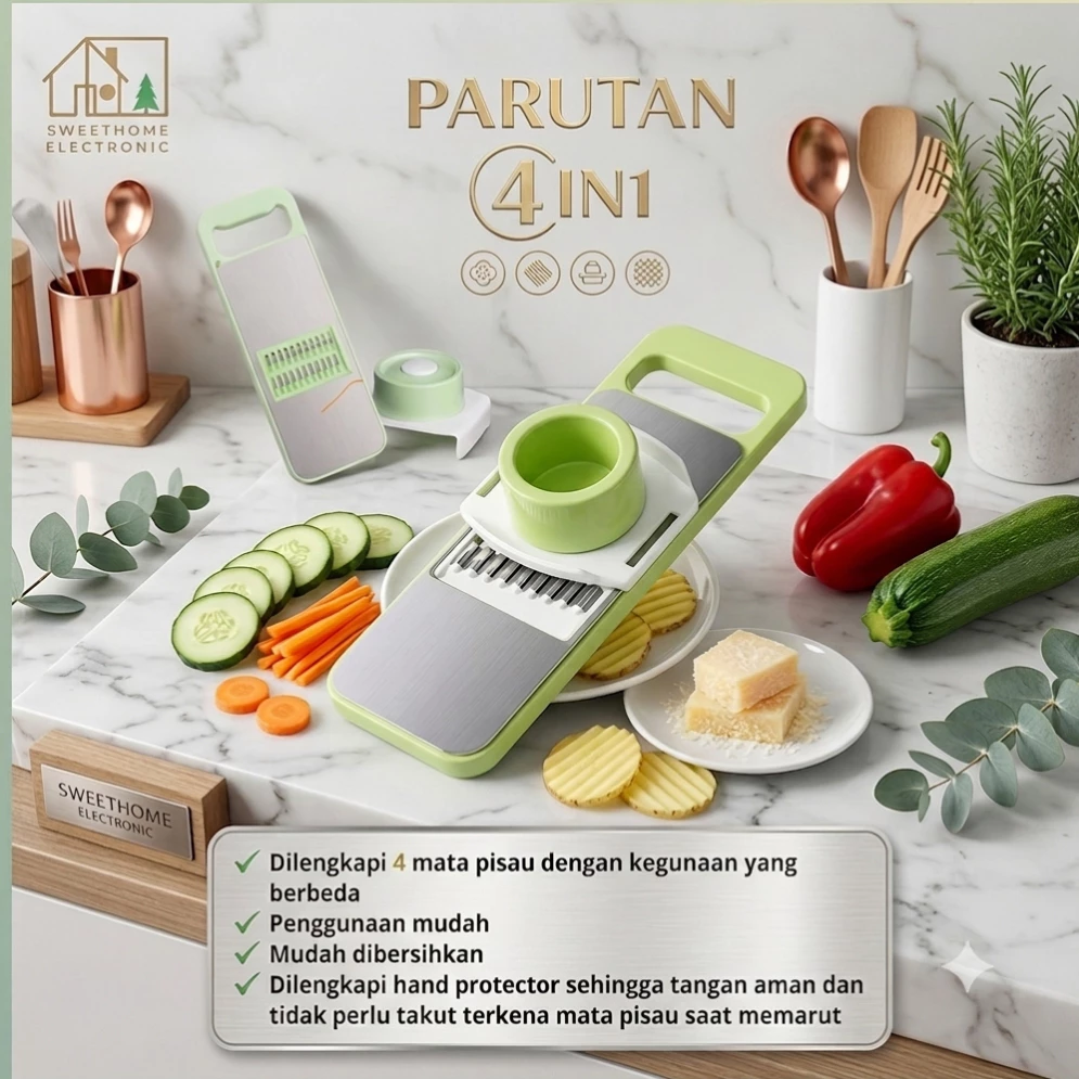 Parutan Dapur Multifungsi Stainless Steel Pemotong Sayur Buah Slicer 4in1 Alat Masak Praktis