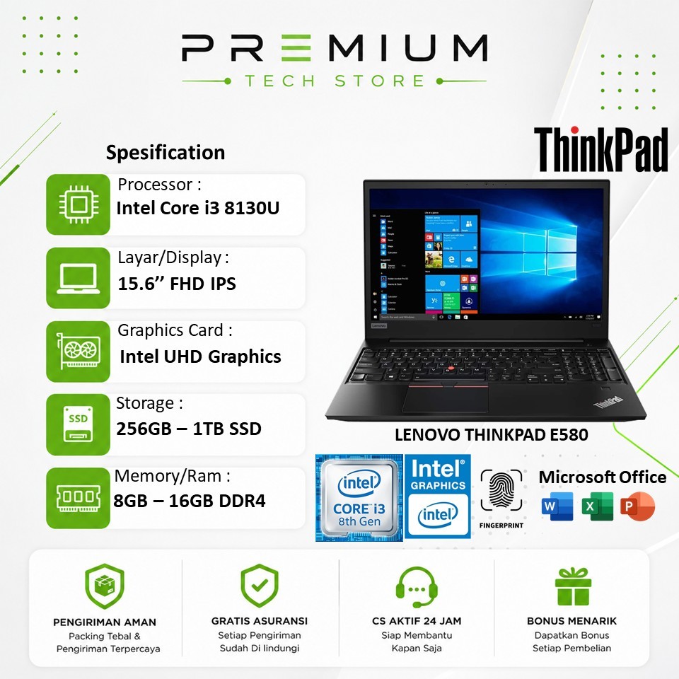 Jual Laptop Kantor Lenovo Thinkpad E580 Intel Core i3 8130U 16GB
