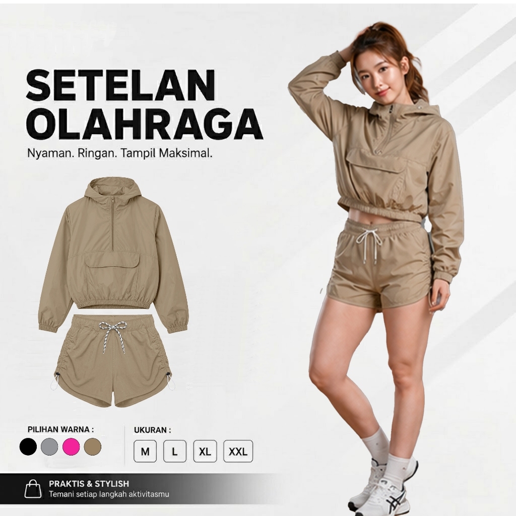 V3 - Setelan Olahraga Parasut Wanita Hoodie Quarter Zip dan Celana Pendek Warna Khaki