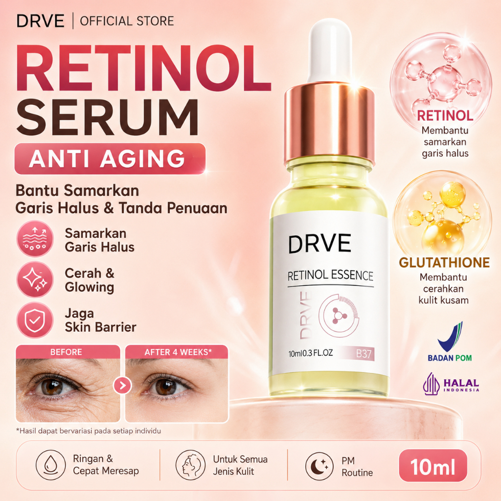 DRVE Retinol Serum Wajah Brightening Anti Aging Cerah Glowing Bantu Samarkan Flek Hitam Noda Hitam Garis Halus Kerutan Kulit Kusam Meratakan Warna Kulit Menghaluskan Tekstur Skin Barrier Night Care Retinol Pemula