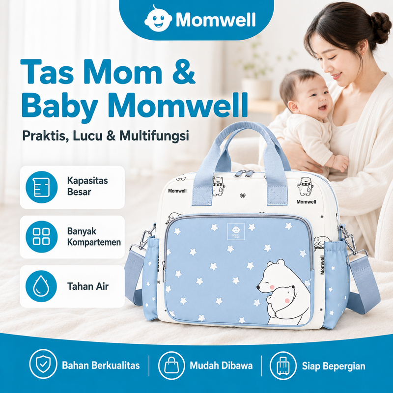 Momwell Tas Jinjing Bayi Tas Perlengkapan Bayi dengan Ruang Penyimpanan Luas dan Desain Praktis MM01