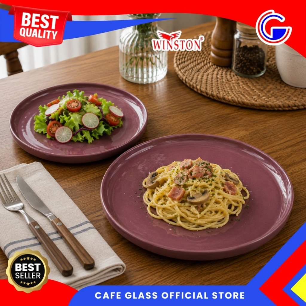 Piring Keramik Bulat Elegan - Piring Sajian Dessert Cafe - Piring Pasta Winston Burgundy