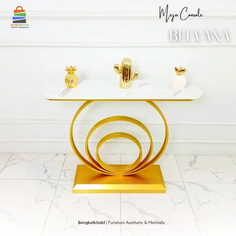 Meja Console Belvana Aesthetic Minimalis Besi Holo Glossy Gold Top HPL - Bengkelkitaid